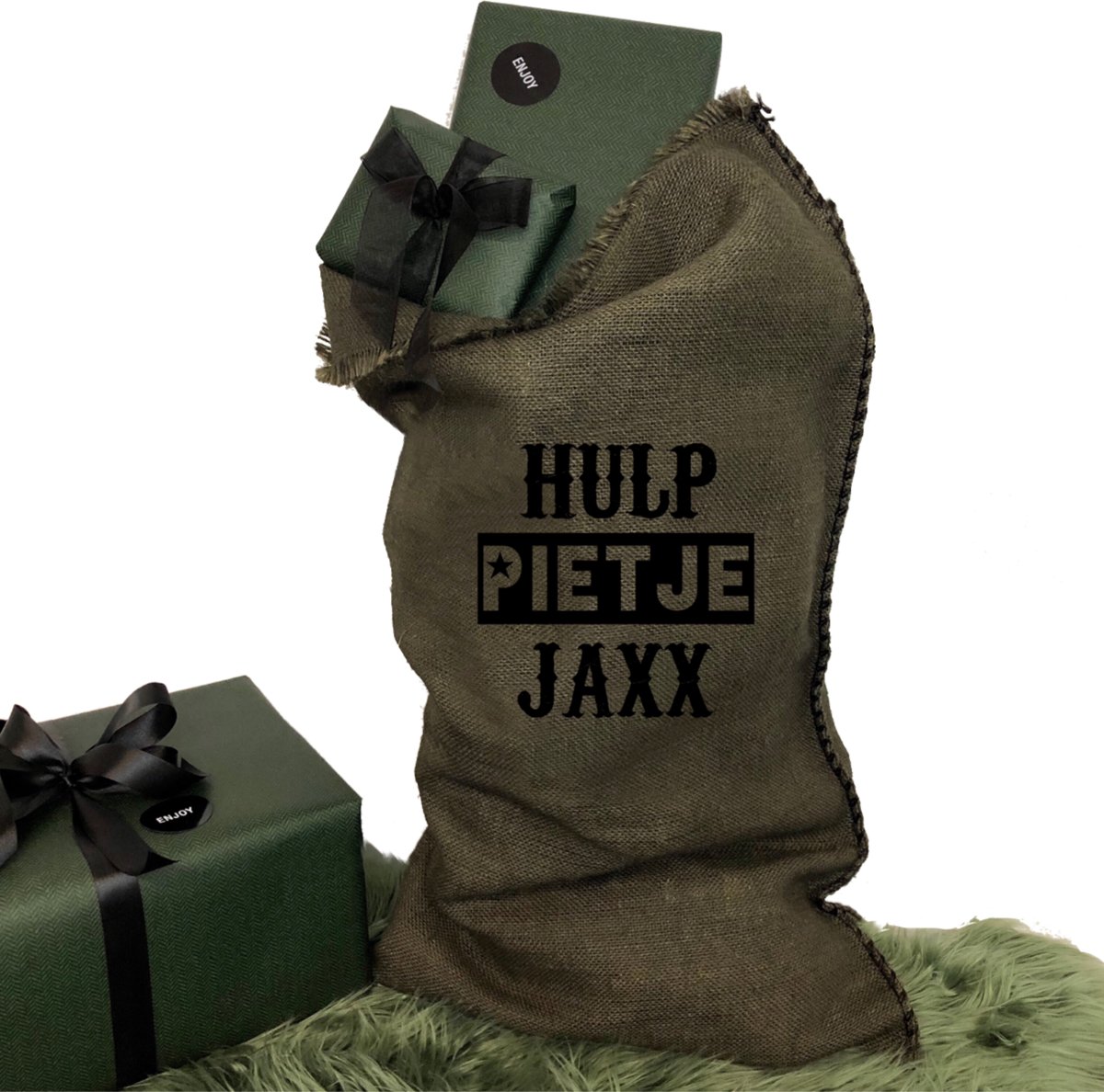 Jute Sinterklaaszak | Jute zak met naam voor Sinterklaasavond | hulp pietje jute zak met naam kind | Legergroene jute zak Sinterklaas Cadeautjes.